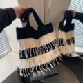 Knit tote bag, black and white color, stylish fringe shoulder bag, large capacity daily use. - Black