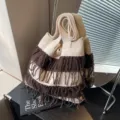 Stylish knitted shoulder bag with fringe, casual cream and brown striped tote for women. - Coffee
