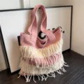 Stylish pink knit tote bag with fringe tassels, versatile large capacity shoulder bag for women. - Pink