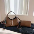 Brown leather hobo shoulder bag with piston lock and matching pouch for women chic daily use. - Brown With Pendant