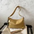 Vintage yellow leather shoulder bag for women, stylish hobo crossbody bag with floral pendant. - With Charm / Yellow