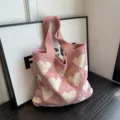 Pink heart knit tote bag, casual French style large capacity knitted single shoulder handbag. - Pink