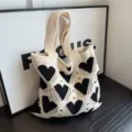 Black heart knit tote bag, stylish French lazy style shoulder underarm bag for daily commute. - White