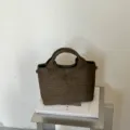 Dark brown woven tote bag, stylish commuter shoulder bag with double top handles for daily wear. - Dark Green