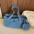 Vintage Denim Tote Bag Retro Casual Shoulder Bag with Small Coin Purse in Blue - Light Blue