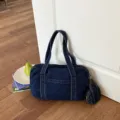 Dark blue denim shoulder bag, retro casual handbag with top handles and mini pouch. - Dark Blue