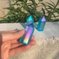 Natural blue rainbow crystal pillar with six-sided single point finish. - 5-6cm / Electroplated Ice Blue Crystal Pillar