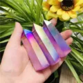 Three iridescent aura crystal quartz points with hexagonal single-pointed shape - 5-6cm / Electroplated Purple and White Crystal Wand