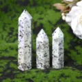 Set of three natural K2 granite hexagonal single point crystal pillars on green moss - 5-6cm / Electroplated Kiwi Jasper Wand