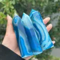 Hand polished natural blue striped agate crystal tower hexagonal single point wand - Dyed Blue Agate Pillar / 8-9cm