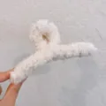 White plush hair claw clip, large fluffy winter hair accessory for women daily styling. - Pearl White