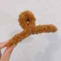 Brown plush hair claw clip for women, cozy winter fluffy lamb wool hairpin for daily cute hairstyle. - Camel