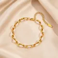 Gold and white stainless steel Cuban chain bracelet detail, elegant design with extension. - White Enamel Bracelet