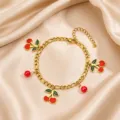 Gold stainless steel cherry charm bracelet, elegant aesthetic jewelry for women and girls. - Cherry Pendant Style / Gold