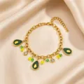 Gold stainless steel avocado charm bracelet with green enamel and crystal bead accents - Avocado Pendant Style / Gold