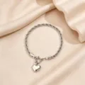 Silver stainless steel heart pendant rope chain bracelet with OT toggle clasp, minimalist style. - Silver Twist Chain Heart (7)