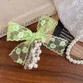 Green lace bow telephone wire hair tie pearl details exquisite design sweet hair accessories detail - Green