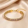 Gold Stainless Steel Bracelet with Purple and Clear Zirconia Stones and Extension Chain - Purple and White Rhinestone Claw Chain / Gold