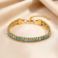 Stainless steel gold plated chain bracelet with blue and clear cubic zirconia stones for women. - Sky Blue and White Rhinestone Claw Chain / Gold