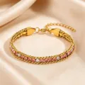 Gold titanium steel bracelet for women featuring colorful cubic zirconia and sparkle stones. - Pink and White Rhinestone Claw Chain / Gold