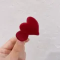 Red flocked heart hair clip, soft plush hair accessory for sweet daily styling and cute look. - Wine Red Heart