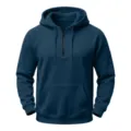 Detailed view of the dark blue quarter-zip hoodie, featuring soft hood and sleeve pocket. - Navy Blue