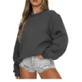 Vue détaillée du sweat-shirt col rond gris foncé pour femme, pull ample et confortable. - Sweat-shirt à col rond gris foncé