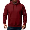 Sudadera con capucha afelpada para hombre en rojo oscuro con bolsillo con cremallera y canguro. - S / Burdeos