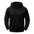 Black half-zip hoodie detail showing drawstring hood, raglan sleeves, and kangaroo pocket. - Black
