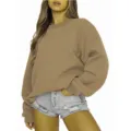 Sweat-shirt décontracté uni kaki à col rond et manches longues pour hommes et femmes. - Sweatshirt à col rond camel