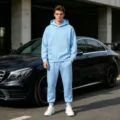 Men's fleece-lined hooded tracksuit casual sports two-piece set in light blue color. - Light Blue