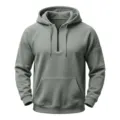 Detail view of the men's half-zip hooded sweatshirt, showing the sleeve pocket and drawstring. - Light Gray