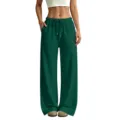 Women fleece lined sweatpants loose casual wide leg trousers winter green high waist active - S / Dark Green