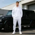 Men solid fleece hoodie and sweatpants tracksuit set comfortable casual sports wear detail. - S / Top And Bottom / White