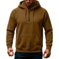 Mens casual half-zip hooded sweatshirt with kangaroo pocket, comfortable autumn wear. - S / Caramel color