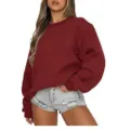 Sweat-shirt à col rond et manches longues en molleton uni pour femme style basique - Sweatshirt à col rond bordeaux