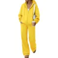 Detailed view of women casual yellow fleece zip hoodie and wide leg sweatpants tracksuit set. - Yellow