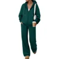 Detailed view of the dark green fleece zip up hoodie and wide leg pants tracksuit. - Dark Green