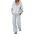 Casual solid color fleece zip hoodie and wide leg sweatpants tracksuit set detail. - Light Gray