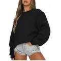 Vue détaillée sweat-shirt noir col rond, haut pull manches longues style casual chic. - Sweat-shirt Noir
