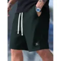 Men's dark green waffle knit casual shorts with white drawstrings and hem label streetwear - Dark Green