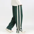 Men casual loose wide leg sweatpants with contrast side stripes, stylish streetwear. - M / Malachite green