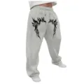 Pantalones de chándal grises Y2K sueltos con estampado gótico, pantalón ancho casual con cordón. - Gris