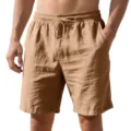 Heren casual linnen korte broek detailweergave, losse strandbroek met trekkoord en elastische taille. - Aardgeel