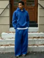 Men casual solid color fleece tracksuit hooded sweatshirt and wide-leg pants loose streetwear. - Royal Blue Set