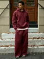Men's casual fleece hoodie and wide-leg pants set detail view, comfortable daily wear. - Wine Red Set