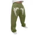 Pantalones deportivos anchos Y2K con estampado tribal gótico estilo urbano casual. - Verde Militar