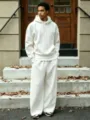 Men's casual solid color fleece-lined hoodie and wide-leg sweatpants set detail shot. - S / Top And Bottom / White Set
