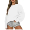 Vista detallada de la sudadera informal de corte holgado con cuello redondo en color blanco. - S / Sudadera de cuello redondo blanca