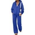 Solid color fleece zip hoodie and wide leg pants set detail view, casual cozy outfit. - Blue